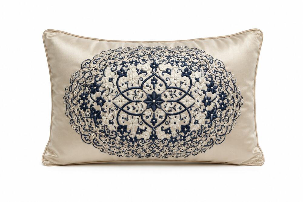 Vue by Ellery Lumbar Throw Pillow Beige Embroidered Medallion 17x12 Accent